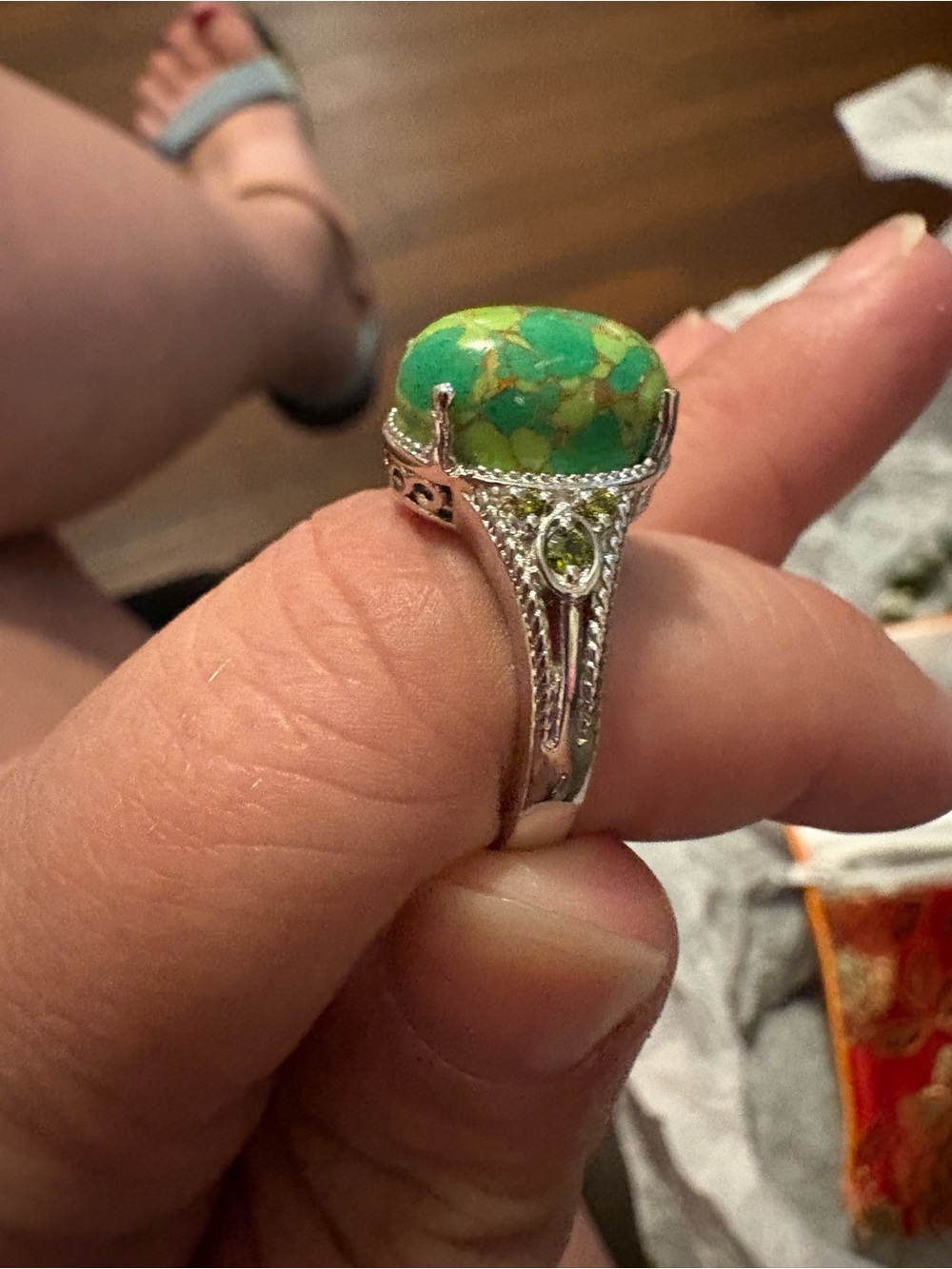 Sterling-Style Green Turquoise Cabochon Ring